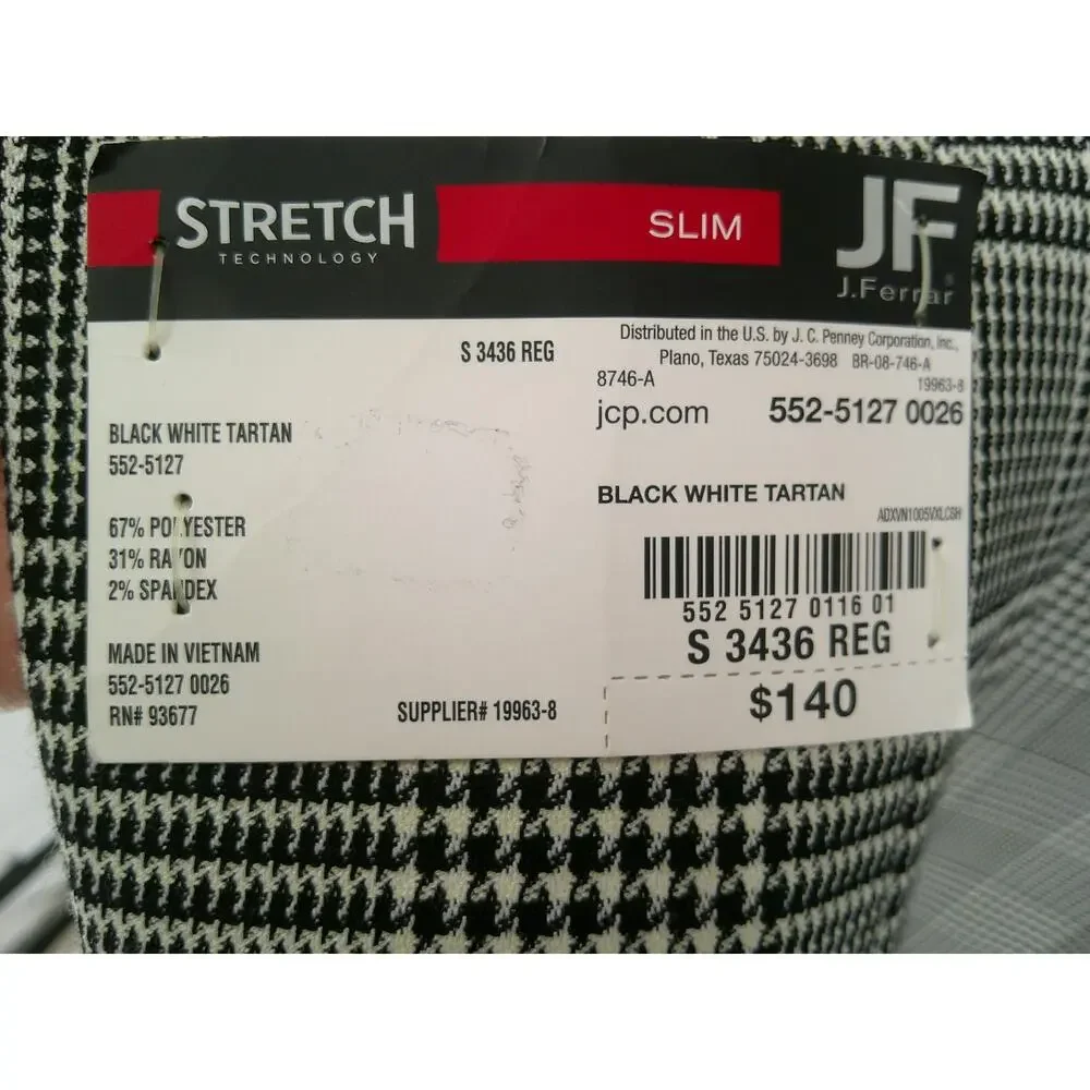 Mens JF Ferrar Black Plaid Stretch Suit Jacket Blazer Small 34-36 Slim New